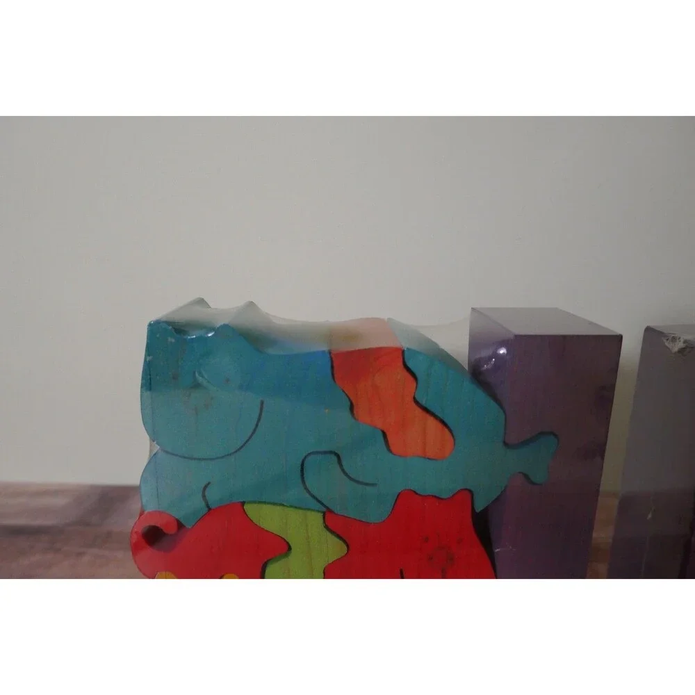 VTG New Wood Dog and Cat Puzzle Hand Made Bookends Nursery Child Room